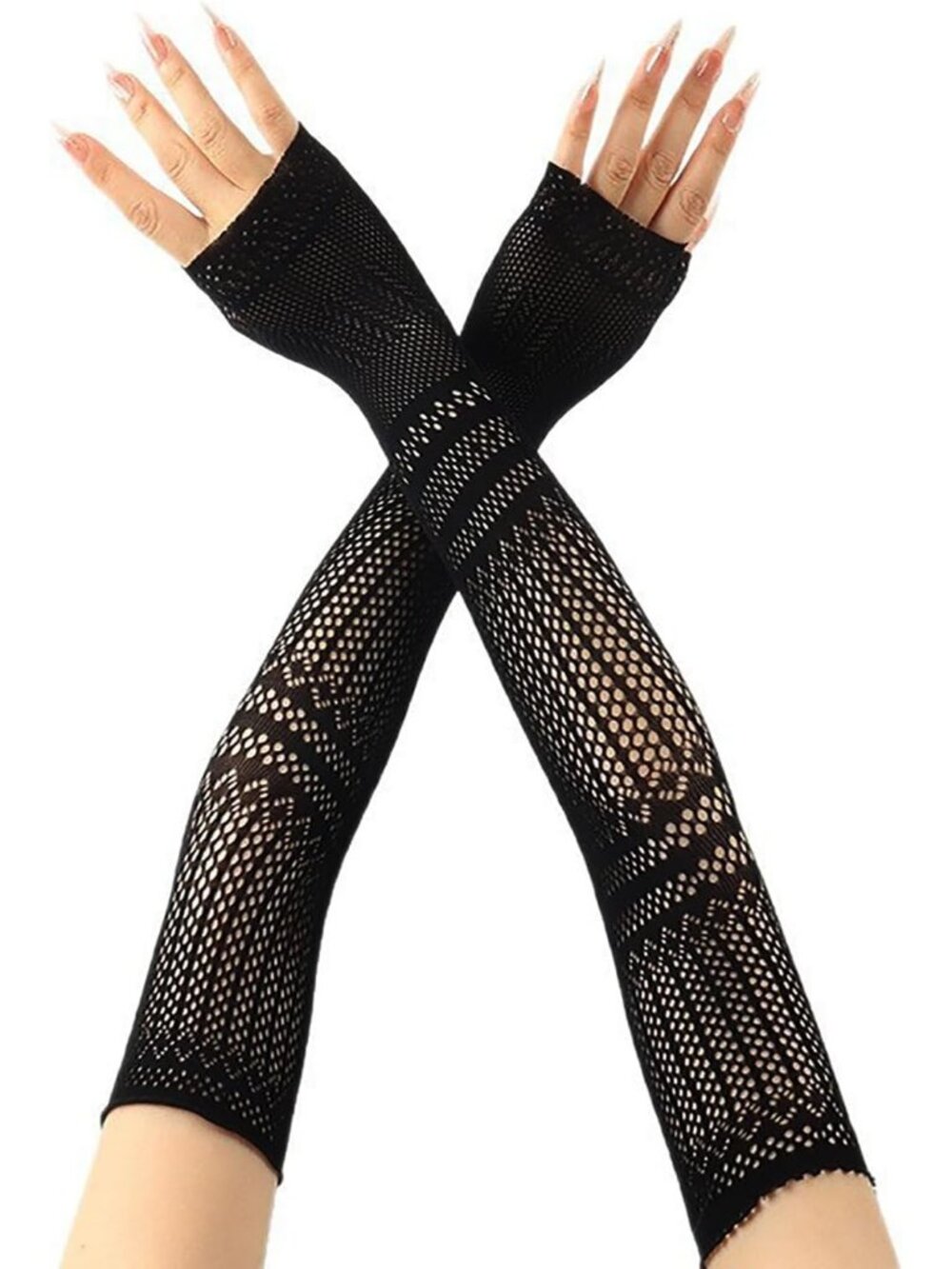 Women's Black Patterned Fishnet Long Fingerless Mesh Gothic Gloves Party